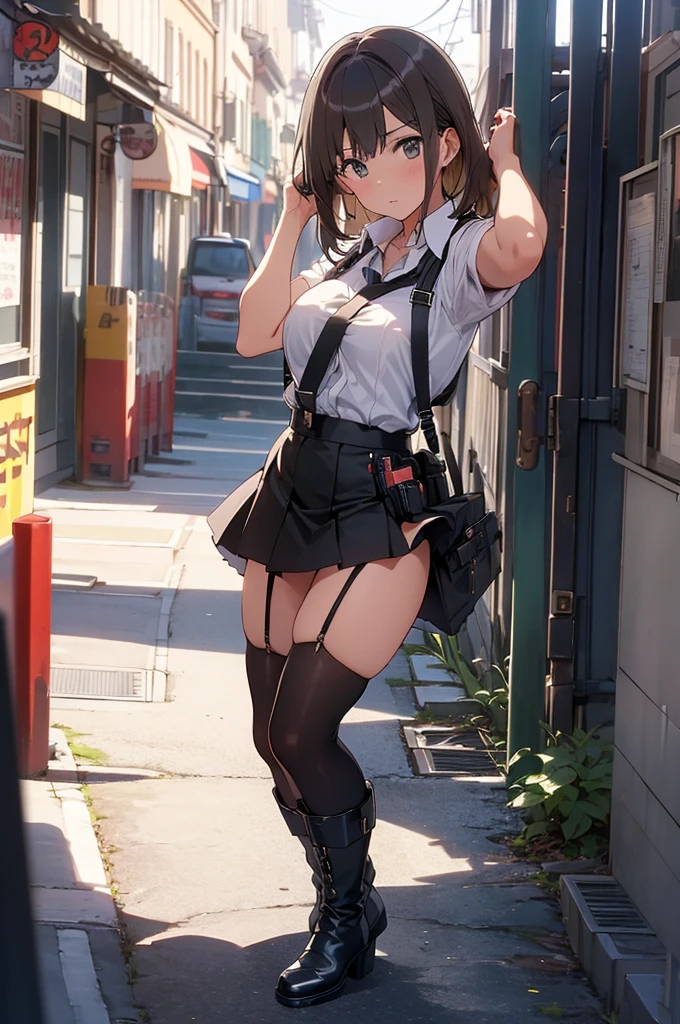 Brown hair、watching at viewers　　　black suspenders　　　Bulging big breasts　　 　 　　　walls: 　Black miniskirt　garters　　　　　　Gaze　　　Small face　bangss 　　　holster　　　Beautuful Women　　hands up　　レッグholster ベッドに横たわる　　Gaze 　black boots panty shot　provocation　flank　flank汗　soio 　arm
