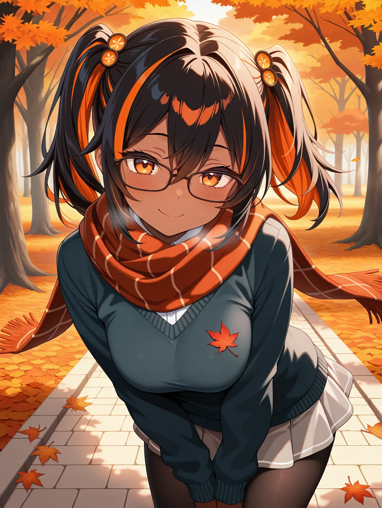 1girl, dark skin, black hair, orange hair, streaked hair, twintails, hair between eyes, hair ornaments, glasses, scarf, sweater, miniskirt, pantyhose, leaning forward, v arms, smile, autumn, foliage,, masterpiece,best quality,amazing quality,very aesthetic,absurdres,newest,