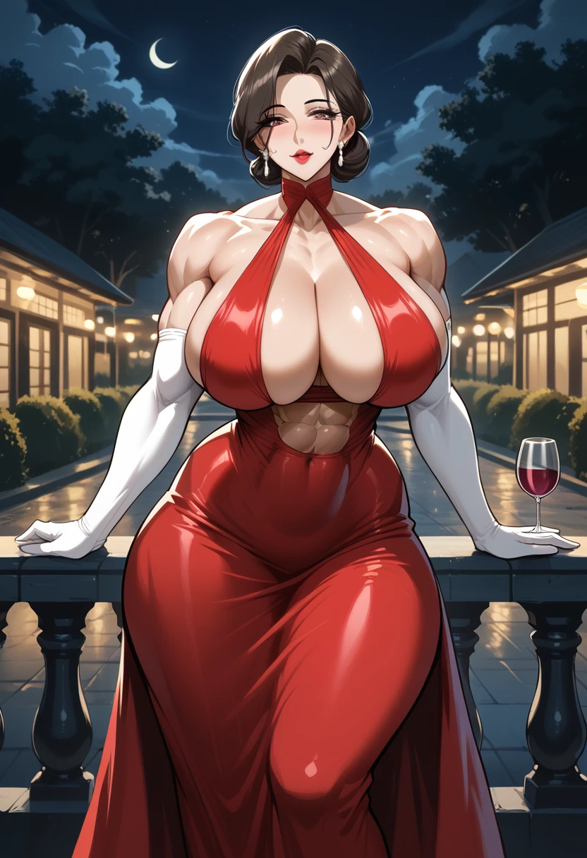 high art, fassionable, front, beautiful face focus, masterpiece, best quality, kissshotms, 1girl,mature female, large breasts, (nsfw,hentai),  night, light effect, masterpiece, best quality, (kissshotms), 1girl,mature female, large breasts,   8k, uhf, venusbody, white long gloves, wine-red dress, long dress, black theme, , venusbody, huge breasts, big ass, (abs, )muscular woman, thin waist, huge body