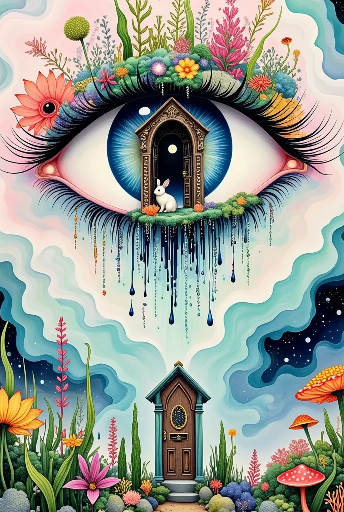 An abstract painting， Draw an eye：A door in the eye，There is a little rabbit living inside，flower pupil，Pearl tears。Tears Falls，fish，Fantasy illustrations，Layered clouds 