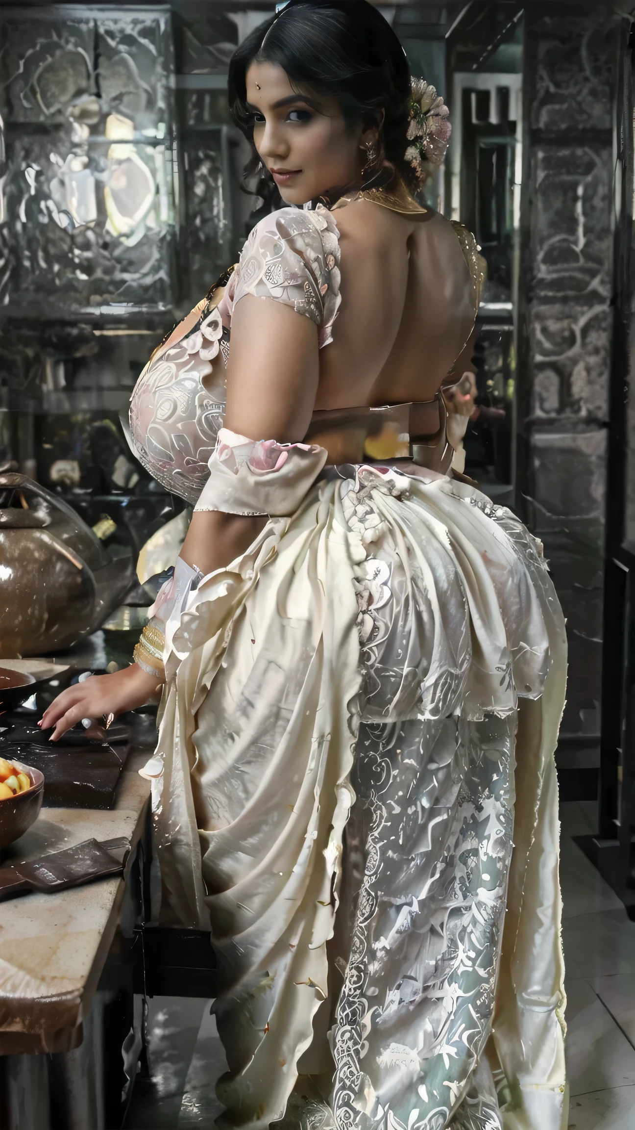 Seen from behind POV from behind the shoulder Attractive dressing Beautiful curl hairs,perfect facial pink eye makeup features of well dressed thick Women in kitchen cooking food, mouth milk is coming from mouth, food cooking in kitchen,real white milk comes from her mouth in bedroom empty hand's ,looks like gorgeous wife giving a eligent pose wearing princess saree with cotton pink bra dress,soft saree, ((with big body curves, attractive queen diamond crown full dressed princess saree with big size pink bra saree clothing,bouncy breasts:2.4 thin waist,big wide hips ,cuverd hips+thighs but gigantic thighs)) wearing thick long scarf with princess sexy attractive long hair clothes full body clothing pink saree with pink bra instead of blouse clothes flowen long dupatta as scarf,no frills, milk glass,zero frills(luxury big kitchen scenary) thick and tall women