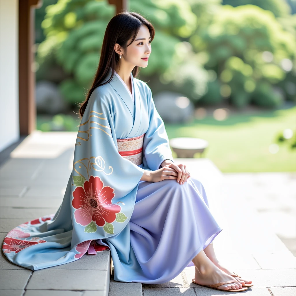 A photorealistic image of a young East Asian woman dressed in traditional Japanese attire. She is seated gracefully, wearing a light blue uchikake (ceremonial outer robe) adorned with large floral patterns in red and soft pink, with flowing wave-like lines in light green. Beneath the uchikake, she is wearing a soft lavender-colored kimono, with the collar slightly visible. The woman has long black hair that falls over her shoulders, and her expression is calm and serene. She is seated with her hands resting gently in her lap. Her feet are wearing traditional zori sandals, matching the formal nature of the outfit. The hem of her robes falls naturally around her legs as she sits, giving a sense of elegance and comfort. The overall scene highlights the beauty of traditional Japanese attire, with a simple white background that focuses attention on the details of her clothing and posture . A woman sitting on a veranda extending outside a building, overlooking a Japanese garden.