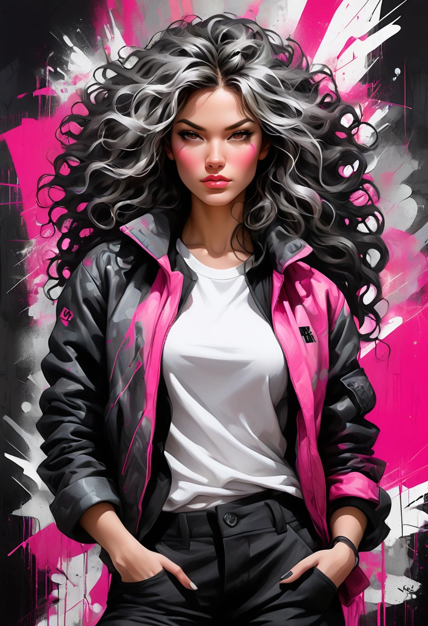 This artwork is a stylized full-length image of a confident woman with expressive loose hair on an abstract background resembling graffiti, with bold lines and colored inclusions. The color palette is dominated by black, white, pink and shades of gray, which gives the interior a bright, modern and urban look. Brief description in English: “A digital graffiti-style painting depicting a confident woman with wavy hair who looks fierce. An abstract background with bold strokes, interspersed with pink, black and white colors creates an urban street art aesthetic. The composition should radiate strength and confidence, with a slight hint of rebellion.”