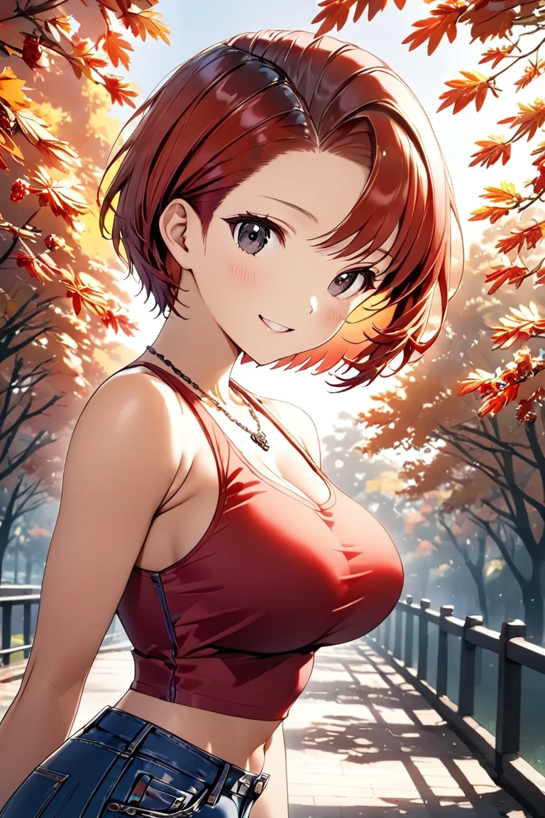 16k,1 girl,(((berry short cut:2.0))),(red hair,swept-back:1.7),cropped hair,hair slicked leftback,(red tanktop,jeans:1.5),skull necklace,big black eyes,long eyelashes,Muscular、Navel exposed,clevage,(F cup beautiful breasts)、25years old, (tall:1.2),height: 175cm,Sexy long legs,Fashion model body type,solo,big laugh,happy、Shy、Shyness,Cool look,blush,Anime-style painting style,A composition that shows the upper body,front view,looking at viewer,cinematic lighting,Superfine,magnificent view、park、autumn,(morning:1.5)、(sexy) ,(closeup:1.2),dynamic angle