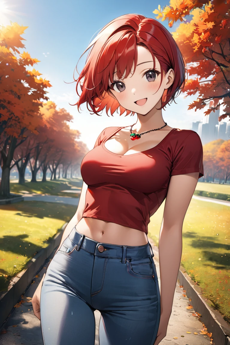 16k,1 girl,(((berry short cut:2.0))),(red hair,swept-back:1.7),cropped hair,hair slicked leftback,(red tanktop,jeans:1.5),skull necklace,big black eyes,long eyelashes,Muscular、Navel exposed,clevage,(F cup beautiful breasts)、25years old, (tall:1.2),height: 175cm,Sexy long legs,Fashion model body type,solo,big laugh,happy、Shy、Shyness,Cool look,blush,Anime-style painting style,A composition that shows the upper body,front view,looking at viewer,cinematic lighting,Superfine,magnificent view、park、autumn,(morning:1.5)、(sexy) ,(closeup:1.2),dynamic angle