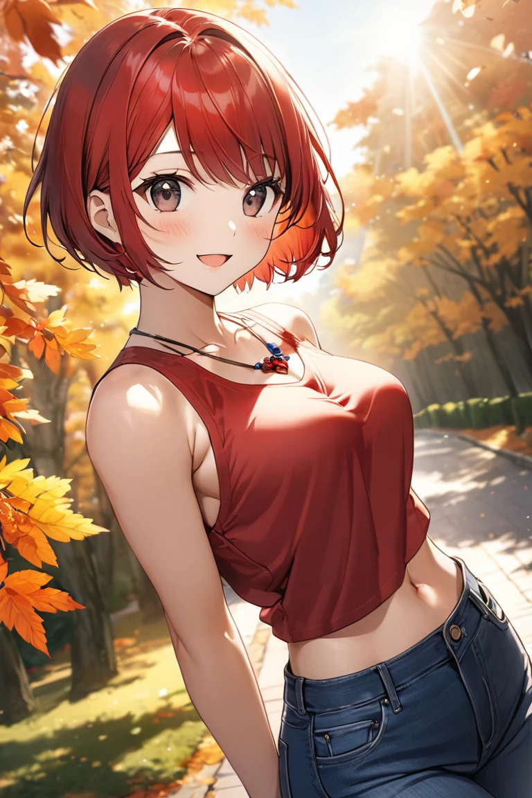 16k,1 girl,(((berry short cut:2.0))),(red hair,swept-back:1.7),cropped hair,hair slicked leftback,(red tanktop,jeans:1.5),skull necklace,big black eyes,long eyelashes,Muscular、Navel exposed,clevage,(F cup beautiful breasts)、25years old, (tall:1.2),height: 175cm,Sexy long legs,Fashion model body type,solo,big laugh,happy、Shy、Shyness,Cool look,blush,Anime-style painting style,A composition that shows the upper body,front view,looking at viewer,cinematic lighting,Superfine,magnificent view、park、autumn,(morning:1.5)、(sexy) ,(closeup:1.2),dynamic angle