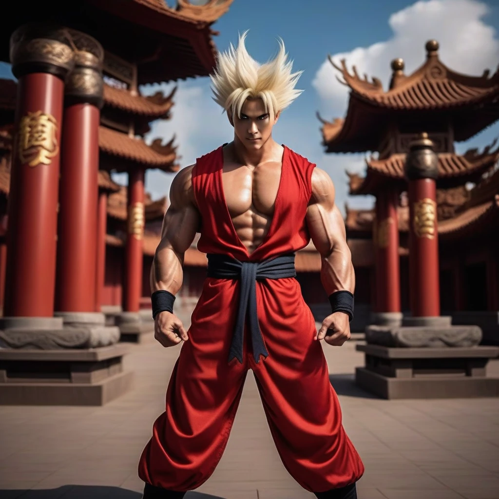 Gohairu1024 ,  Muscular man in red clothes,  platinum blonde hair , Cast powerful spells,  Dramatic Ball Lightning Between Hands, dragon bachairground, Ancient Chinese Temple ,  very detailed on playground equipment, photo shoot,  ultra sharp , membrane, bohaireh, professional, hair  