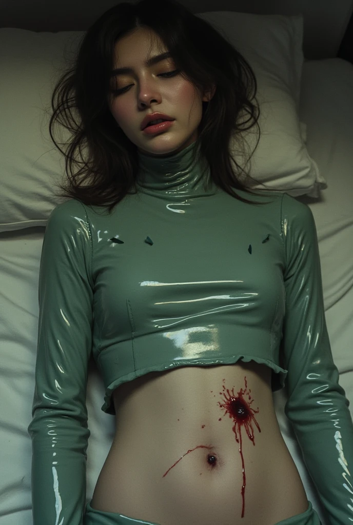 The woman in latex rubber suits lies on her back, eyes closed on the bed. There are punctures on the dress. The dress is missing a hole in the abdomen, a small hole wound with bleeding on the wound.