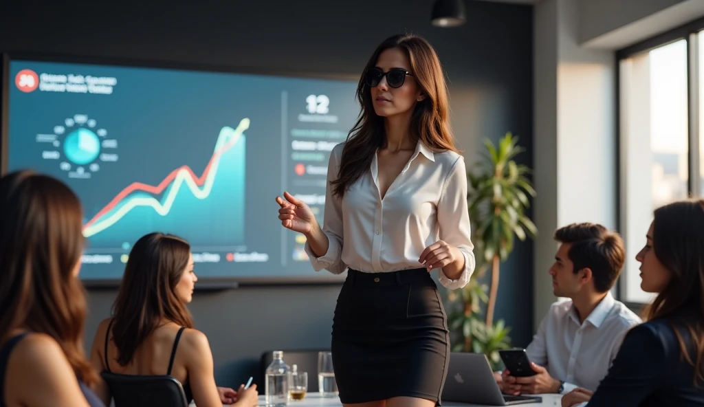 beautiful sophilobos in a corporate office , wear formal attire and skirt , wear black lenses , exhibiting at a meeting showing positive results, upward graphics , successful. Take it from the side
