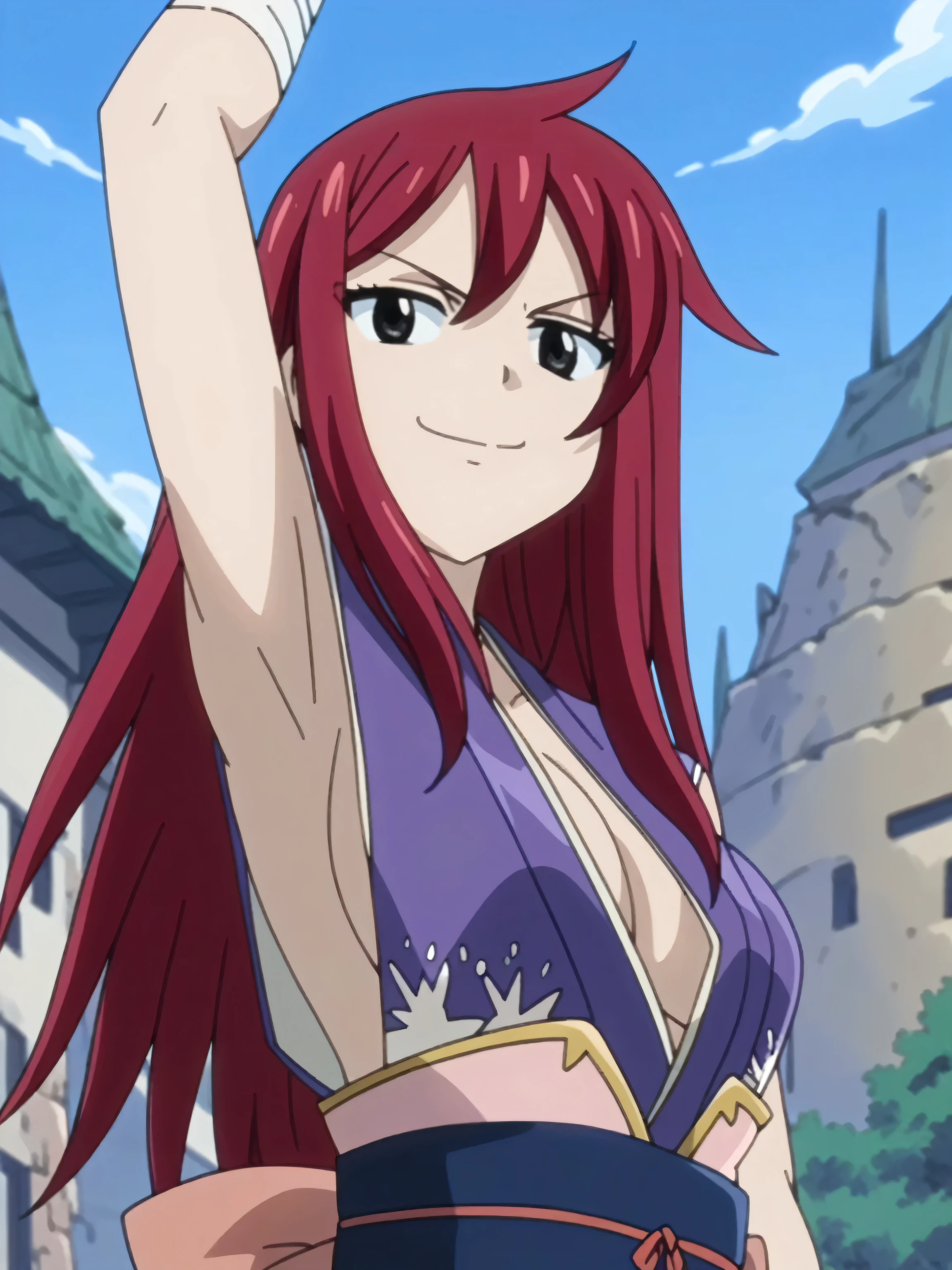 score_9, score_8_up, score_7_up, source_anime, anime screencap, 1girl, solo, Robe_of_Yūen, brown_eyes, red_hair, long_hair, large_breasts, japanese_clothes, obi, kimono, bandages, sash, cleavage, sleeveless, arm up, raised arm, armpit, armpit up close, close-up of armpit, armpit focus, detailed armpit, from side, from below, looking at viewer, smug, smile, closed mouth, outdoors, hill, badhandv4