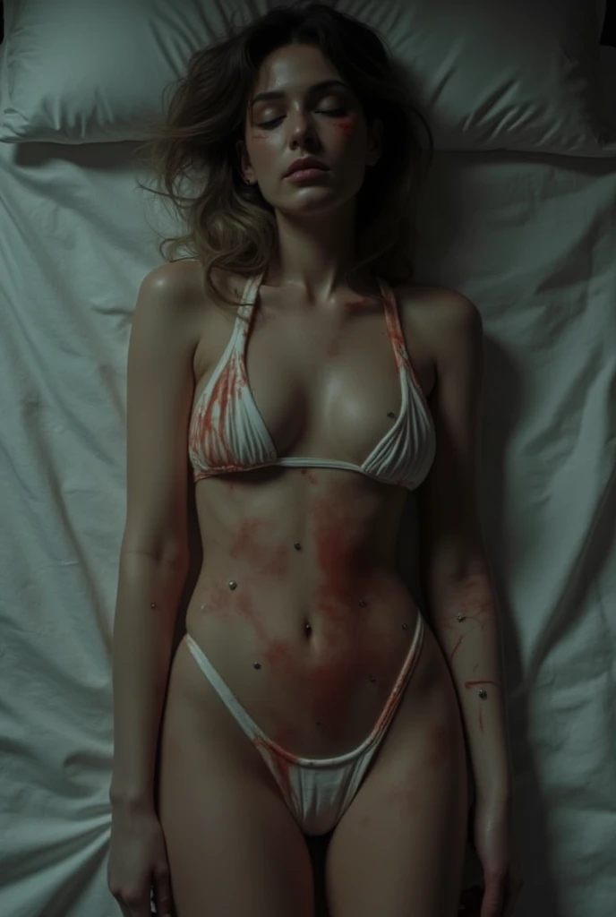 The woman in the latex rubber dress lies on her back, eyes closed on the bed. There are punctures on the body on the dress, on the abdomen, small holes bleeding on the wound.