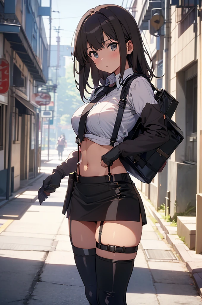 Brown hair、watching at viewers　　　black suspenders　　　Bulging big breasts　　 　 　　　walls: 　Black miniskirt　garters　　　　　　Gaze　　　Small face　bangss 　　　holster　　　Beautuful Women　　hands up　　レッグholster ベッドに横たわる　　Gaze 　black boots panty shot　provocation　flank　flank汗　soio 　arm
