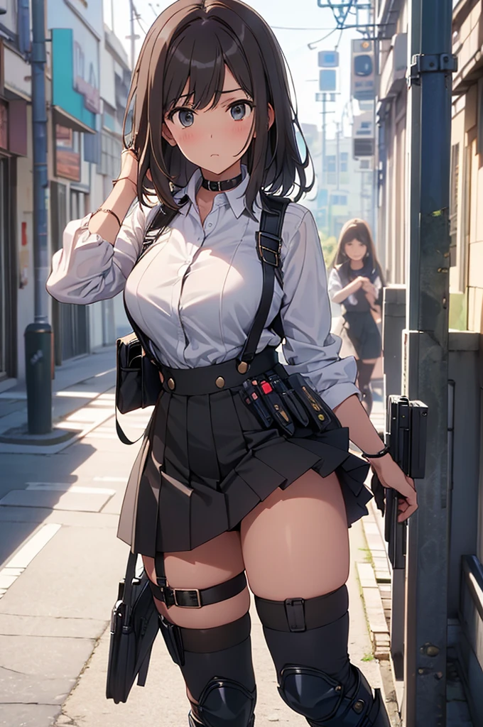 Brown hair、watching at viewers　　　black suspenders　　　Bulging big breasts　　 　 　　　walls: 　Black miniskirt　garters　　　　　　Gaze　　　Small face　bangss 　　　holster　　　Beautuful Women　　hands up　　レッグholster ベッドに横たわる　　Gaze 　black boots panty shot　provocation　flank　flank汗　soio 　arm
