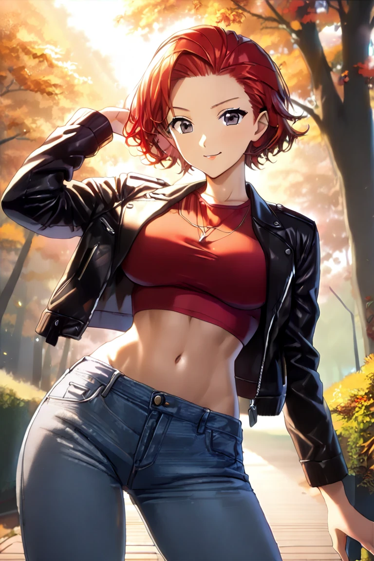 16k,1 girl,(((berry short cut:2.0))),(red hair,swept-back:1.7),cropped hair,hair slicked leftback,(red tanktop,black riders jacket,jeans:1.5),skull necklace,big black eyes,long eyelashes,Muscular、Navel exposed,clevage,(F cup beautiful breasts)、25years old, (tall:1.2),height: 175cm,Sexy long legs,Fashion model body type,solo,big laugh,happy、Shy、Shyness,Cool look,blush,Anime-style painting style,A composition that shows the upper body,front view,looking at viewer,cinematic lighting,Superfine,magnificent view、park、autumn,(morning:1.5)、(sexy) ,(closeup:1.2),dynamic angle