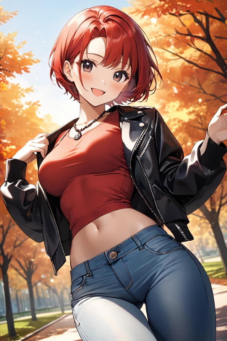 16k,1 girl,(((berry short cut:2.0))),(red hair,swept-back:1.7),cropped hair,hair slicked leftback,(red tanktop,black riders jacket,jeans:1.5),skull necklace,big black eyes,long eyelashes,Muscular、Navel exposed,clevage,(F cup beautiful breasts)、25years old, (tall:1.2),height: 175cm,Sexy long legs,Fashion model body type,solo,big laugh,happy、Shy、Shyness,Cool look,blush,Anime-style painting style,A composition that shows the upper body,front view,looking at viewer,cinematic lighting,Superfine,magnificent view、park、autumn,(morning:1.5)、(sexy) ,(closeup:1.2),dynamic angle