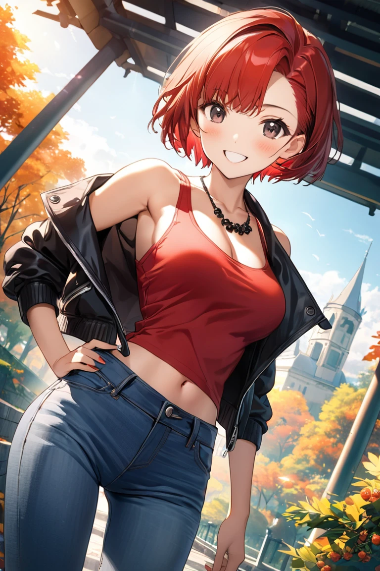 16k,1 girl,(((berry short cut:2.0))),(red hair,swept-back:1.7),cropped hair,hair slicked leftback,(red tanktop,black riders jacket,jeans:1.5),skull necklace,big black eyes,long eyelashes,Muscular、Navel exposed,clevage,(F cup beautiful breasts)、25years old, (tall:1.2),height: 175cm,Sexy long legs,Fashion model body type,solo,big laugh,happy、Shy、Shyness,Cool look,blush,Anime-style painting style,A composition that shows the upper body,front view,looking at viewer,cinematic lighting,Superfine,magnificent view、park、autumn,(morning:1.5)、(sexy) ,(closeup:1.2),dynamic angle