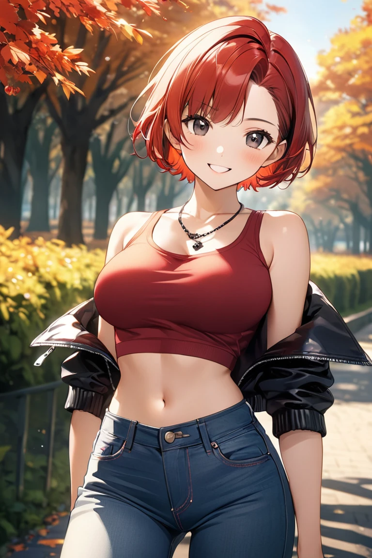 16k,1 girl,(((berry short cut:2.0))),(red hair,swept-back:1.7),cropped hair,hair slicked leftback,(red tanktop,black riders jacket,jeans:1.5),skull necklace,big black eyes,long eyelashes,Muscular、Navel exposed,clevage,(F cup beautiful breasts)、25years old, (tall:1.2),height: 175cm,Sexy long legs,Fashion model body type,solo,big laugh,happy、Shy、Shyness,Cool look,blush,Anime-style painting style,A composition that shows the upper body,front view,looking at viewer,cinematic lighting,Superfine,magnificent view、park、autumn,(morning:1.5)、(sexy) ,(closeup:1.2),dynamic angle