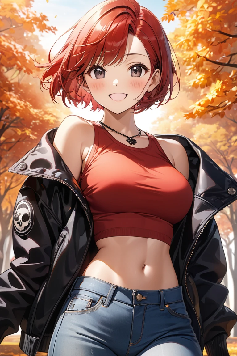 16k,1 girl,(((berry short cut:2.0))),(red hair,swept-back:1.7),cropped hair,hair slicked leftback,(red tanktop,black riders jacket,jeans:1.5),skull necklace,big black eyes,long eyelashes,Muscular、Navel exposed,clevage,(F cup beautiful breasts)、25years old, (tall:1.2),height: 175cm,Sexy long legs,Fashion model body type,solo,big laugh,happy、Shy、Shyness,Cool look,blush,Anime-style painting style,A composition that shows the upper body,front view,looking at viewer,cinematic lighting,Superfine,magnificent view、park、autumn,(morning:1.5)、(sexy) ,(closeup:1.2),dynamic angle