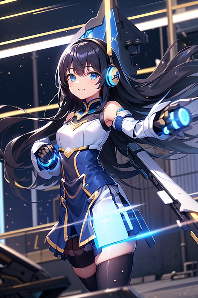  and smiles 、mecha wing、Thighs、tights、chest、Shiny black hair、 1 girl、 solo girl 、 headphones、idol dress、idol skirt、mecha girl、Light Blue Armor、 white miniskirt 、I'm holding a beam rifle,beamrifle