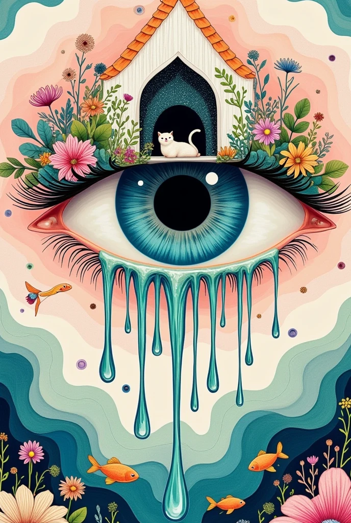 a surreal abstract painting of an eye with a door inside the iris, a small cat living inside the door, flower petals in the pupil, pearl tears streaming down, a waterfall of tears, fish, dreamlike illustration, layered clouds