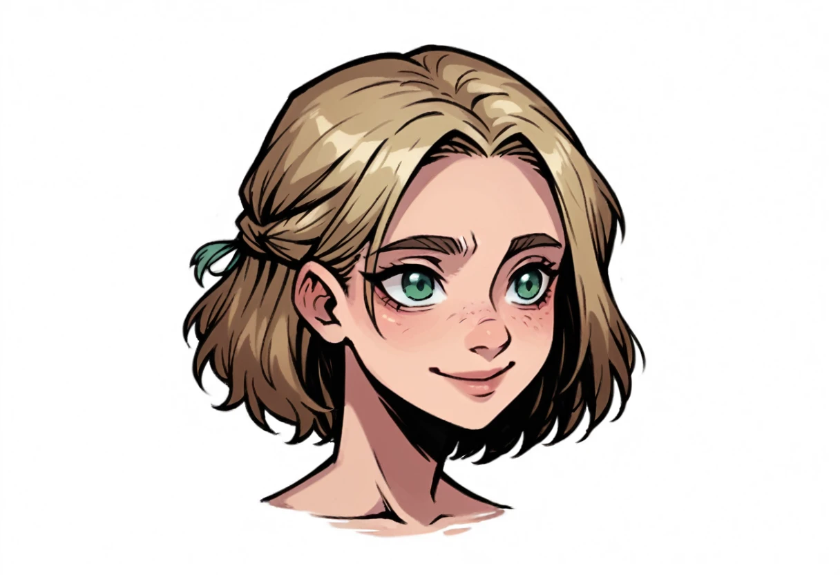 Create a unique manga-style character illustration of a young woman based on the following description: She has light blonde hair, slightly wavy and loosely tied back, with a few strands framing her face. Her eyes are large, with a gentle expression, and appear to be a light color, possibly hazel or green. She has thin, slightly arched eyebrows that follow the natural contour of her eyes, giving her a soft look. Her nose is small and delicate, fitting her face proportionally. Her lips are slightly full, with a natural pinkish hue, and she has a subtle, almost smiling expression. Her overall appearance is gentle, friendly, and expressive. Style should emphasize soft lines and detail, capturing a sense of calm and warmth. Background should be simple to focus on her features.