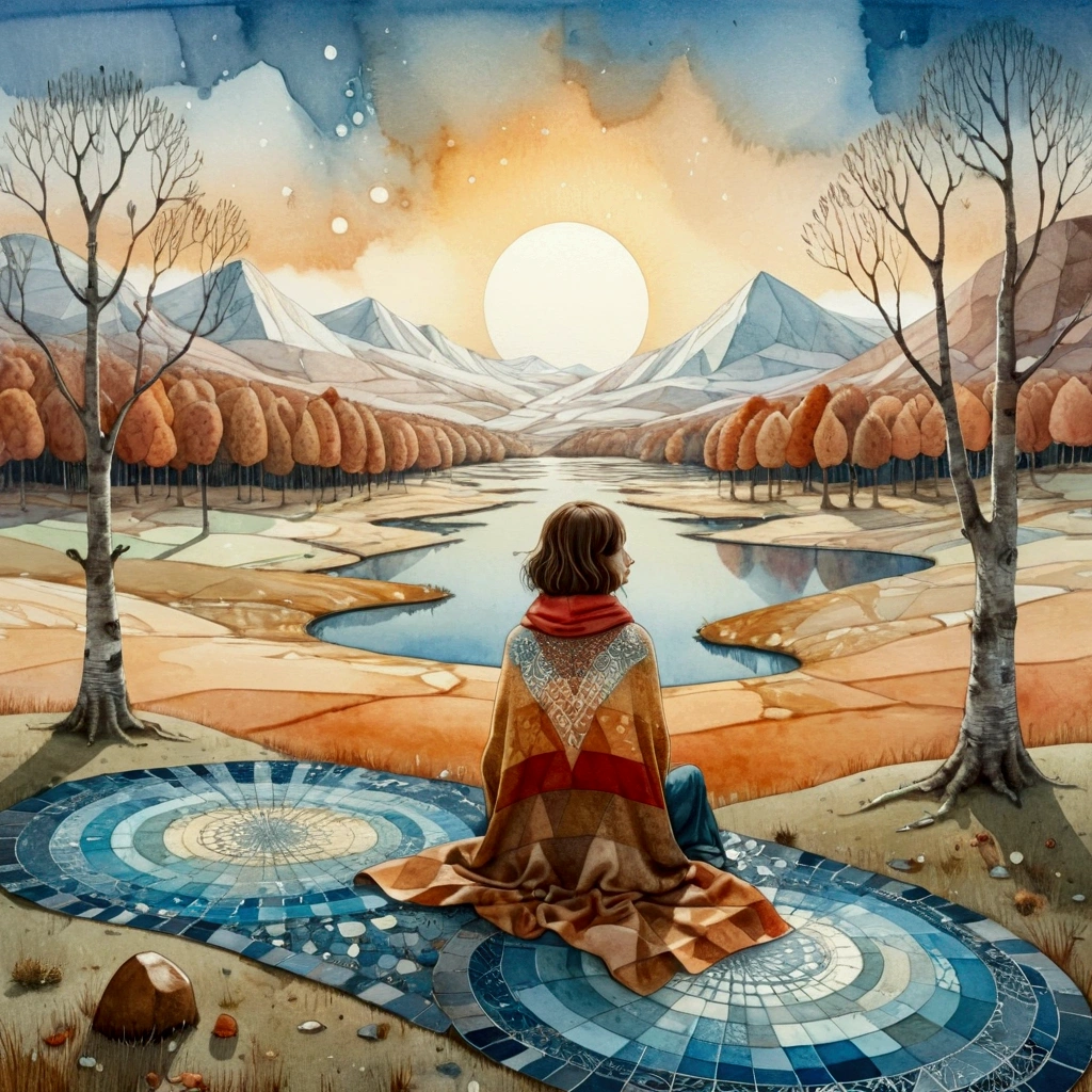 Amanda Clark, Zdzisław Beksiński, Jacek Yerka and Yossi Kotler style mix, surreal whimsical, watercolour and ink illustration, wet-on-wet, loose water effects .Landscape, a wide shot of a ((woman)), view from behind, is sitting, along with her dog (brown) labrador, on wide patchwork blanket, with voronoi pattern warm colors, brown ochre, red, in a clearing of a birch and chestnut forest in autumn. In the background large valleys with high snowy mountains, gradients of blue, white . Solar disk, with texture to irregular rectangular texture.Zentangle picturesque sky of cracked polychrome hard stones. long field. richly textured
