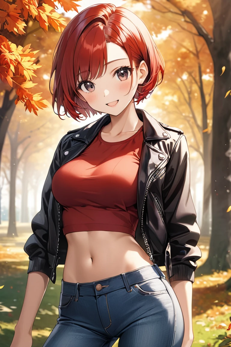 16k,1 girl,(((berry short cut:2.0))),(red hair,swept-back:1.7),cropped hair,hair slicked leftback,(red tanktop,black riders jacket,jeans:1.5),skull necklace,big black eyes,long eyelashes,Muscular、Navel exposed,clevage,(F cup beautiful breasts)、25years old, (tall:1.2),height: 175cm,Sexy long legs,Fashion model body type,solo,big laugh,happy、Shy、Shyness,Cool look,blush,Anime-style painting style,A composition that shows the upper body,front view,looking at viewer,cinematic lighting,Superfine,magnificent view、park、autumn,(morning:1.5)、(sexy) ,(closeup:1.2),dynamic angle