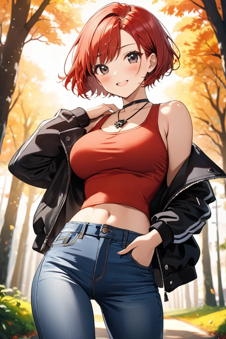 16k,1 girl,(((berry short cut:2.0))),(red hair,swept-back:1.7),cropped hair,hair slicked leftback,(red tanktop,black riders jacket,jeans:1.5),skull necklace,big black eyes,long eyelashes,Muscular、Navel exposed,clevage,(F cup beautiful breasts)、25years old, (tall:1.2),height: 175cm,Sexy long legs,Fashion model body type,solo,big laugh,happy、Shy、Shyness,Cool look,blush,Anime-style painting style,A composition that shows the upper body,front view,looking at viewer,cinematic lighting,Superfine,magnificent view、park、autumn,(morning:1.5)、(sexy) ,(closeup:1.2),dynamic angle