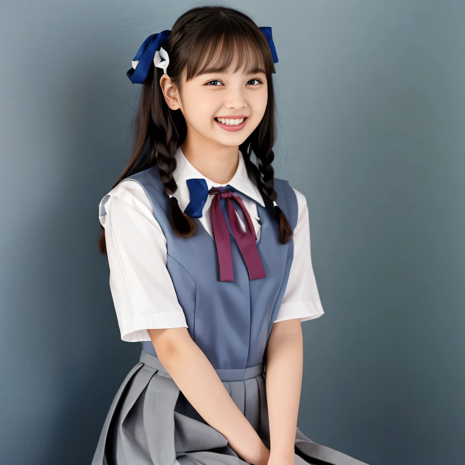 (Highest quality, masterpiece:1.2), Highest quality, High resolution, 1080P, 8k, height: 158cm, (A **** Japanese fashion model is seated, looking down the viewer, showing her cutest smile, using face-whitening cosmetics, prominent cool eyes, opened laughing giggling open mouth, gray-gray-blue school summer uniform with gray-gray-blue vest and widely-boxed-pleats-short-skirt and silk blouse and red breast ribbon pulled by her hands, twin-braids long hair: 1.5), (white thighs and knees: 1.7), (Well-balanced, prominent, Intelligent, drooping, double-eyelids, brown shiny large prominent eyes with detailed: 1.5), (gray-gray-blue school uniform with gray-gray-blue vest and boxed-pleats-skirt, short-sleeves silk blouse, glossy red breast ribbon: 1.5), ((Beautiful well-figured glossy opened lips like fortissimo soprano singer: 1.2)), (mature breast), (Girl whom everyone loves because of her beauty and beautiful eyes and lovely fashion and noble manner), (Very beautiful, glossy, cute neat black hair, twin-braids hair-style: 1.3), (Drives me crazy for her glossy neat hair and Make me fall into love), (plain blue background: 1.6), (Best style like a **** fashion model, mature breast), (((Completely balanced beautiful big big eyes, looking at me))), (eyes, face and hair are especially beautifully detailed and beautifully drawn: 1.5), (Satisfactory best shot by professional famous photographer for school girl's beauty: 1.5), (The soft white light clearly shows her face extremely white: 1.2), (Very soft laughing cheeks, very soft hands pulling the breast ribbon down, People who touch it feel eternal pleasure: 1.2), (**** fashion magazine model: 1.8)