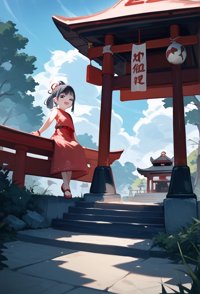 rhyme_ it doesn't matter, Red Dress, Shrine maiden, Shrine Background,  1 girl, masterpiece, Best Quality,  very detailed on playground equipment