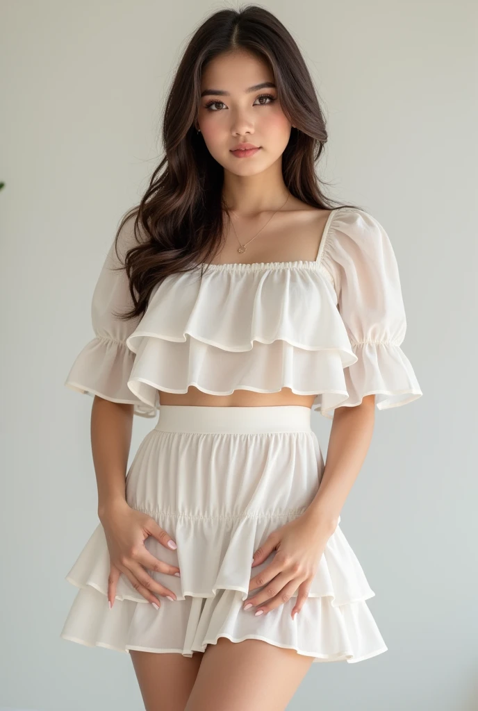 a beautiful young woman wearing  unerboob ruffle shirt and ruffle mini skirt, standing pose, simple background,