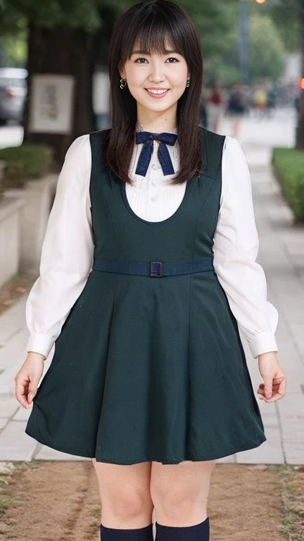  Japanese Milf,48 years old, white skin,(curvy body, big chest, plump thighs:1.5),(nogizaka_costume, Micro Miniskirt,earrings:1.5),( standing in the park, take a picture of the whole body from toe to head,full body:1.2),looking at viewer,smile, surrealism, depth of field, from front, Sony FE, 8k, arms up