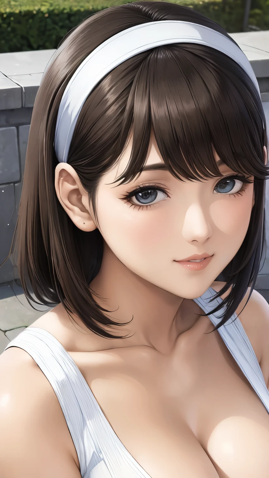 Nene Kasaki々、 Shiny brown hair , (beautiful brown eyes、Sparkling Eyes, fine grain)、smile、 very pretty eyes、 very detailed face, highly detailed eyes,
young woman、smile、((White horseshoe headband、Straight hair ))、、((masterpiece、 high resolution on down、16k))、((Sleeveless white knitted mini dress))、(Very close:1.5)、Fountain Square、Forest Park、( concentrating on upper body :1.5)、((Wave))