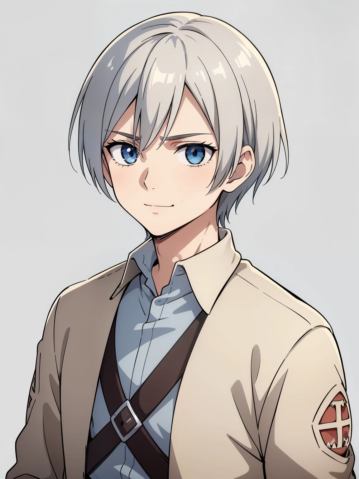 (high-quality, breathtaking),(expressive eyes, perfect face) 1boy, male, solo, portrait, bright smile, kind face, neutral expression, soft smile, Attack on Titan artstyle, portrait, stylized hairstyle, Symmetrical Eyes, silver hair, blue eyes, young face, teenager, grey background, white and blue jacket, black shirt, belt, black pants, medieval clothing, attack on titan clothing, half open eyes
