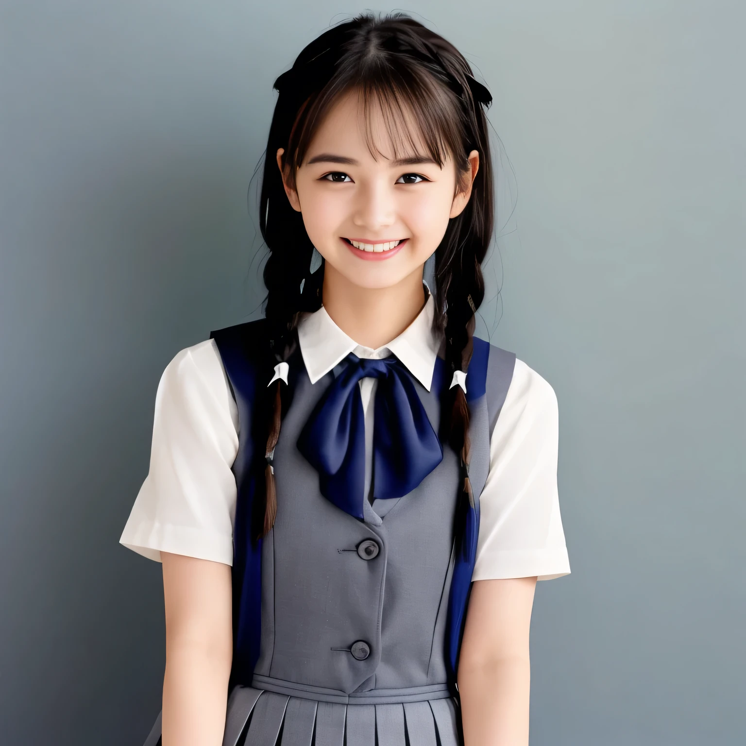 (Highest quality, masterpiece:1.2), Highest quality, High resolution, 1080P, 8k, height: 158cm, (A 13yo Japanese fashion model is seated, showing her palms, looking at the viewer, showing her cutest smile, using face-whitening cosmetics, prominent cool eyes, opened laughing giggling open mouth, gray-gray-blue school summer uniform with gray-gray-blue vest and widely-boxed-pleats-short-skirt and silk blouse and red breast ribbon pulled by her hands, twin-braids long hair: 1.5), (white thighs and knees: 1.7), (Well-balanced, prominent, Intelligent, drooping, double-eyelids, brown shiny large prominent eyes with detailed: 1.5), (gray-gray-blue school uniform with gray-gray-blue vest and boxed-pleats-skirt, short-sleeves silk blouse, glossy red breast ribbon: 1.5), ((Beautiful well-figured glossy opened lips like fortissimo soprano singer: 1.2)), (mature breast), (Girl whom everyone loves because of her beauty and beautiful eyes and lovely fashion and noble manner), (Very beautiful, glossy, cute neat black hair, twin-braids hair-style: 1.3), (Drives me crazy for her glossy neat hair and Make me fall into love), (plain blue background: 1.6), (Best style like a 13yo fashion model, mature breast), (((Completely balanced beautiful big big eyes, looking at me))), (eyes, face and hair are especially beautifully detailed and beautifully drawn: 1.5), (Satisfactory best shot by professional famous photographer for school girl's beauty: 1.5), (The soft white light clearly shows her face extremely white: 1.2), (Very soft laughing cheeks, very soft hands pulling the breast ribbon down, People who touch it feel eternal pleasure: 1.2), (13yo fashion magazine model: 1.8)