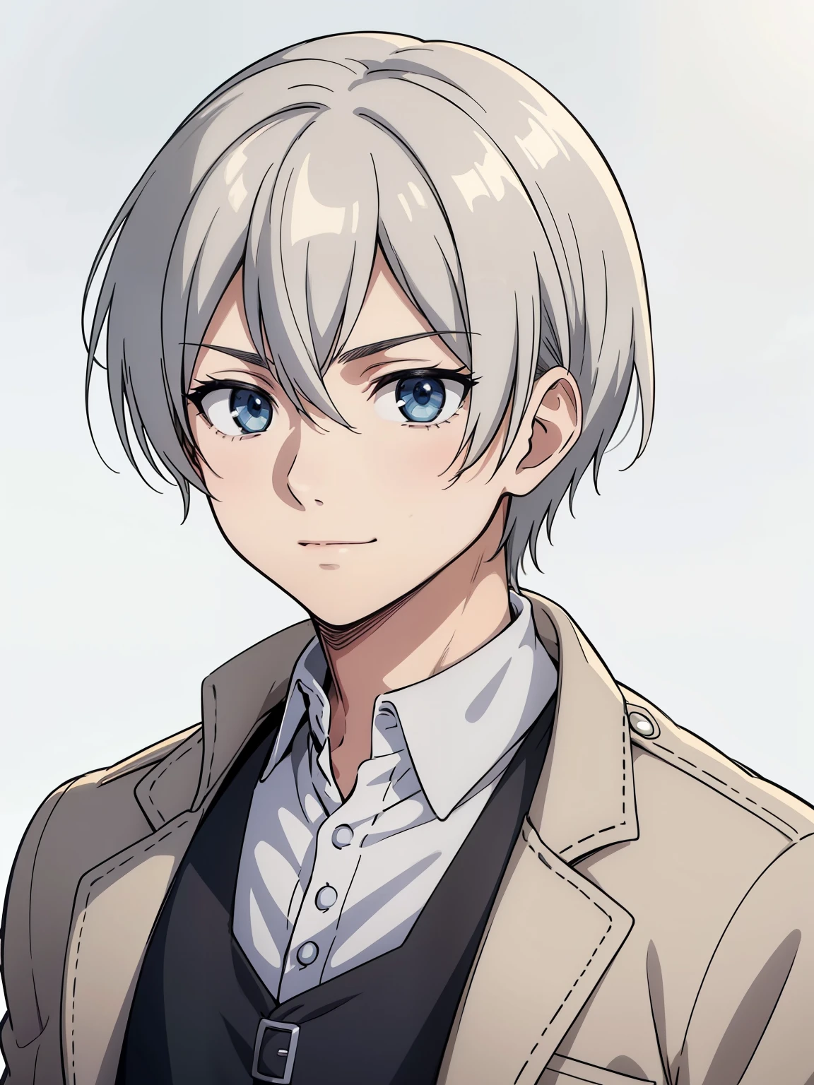 (high-quality, breathtaking),(expressive eyes, perfect face) 1boy, male, solo, portrait, bright smile, kind face, neutral expression, soft smile, Attack on Titan artstyle, portrait, stylized hairstyle, Symmetrical Eyes, silver hair, blue eyes, teenager, grey background, white and blue jacket, black shirt, belt, black pants, medieval clothing, attack on titan clothing, half open eyes
