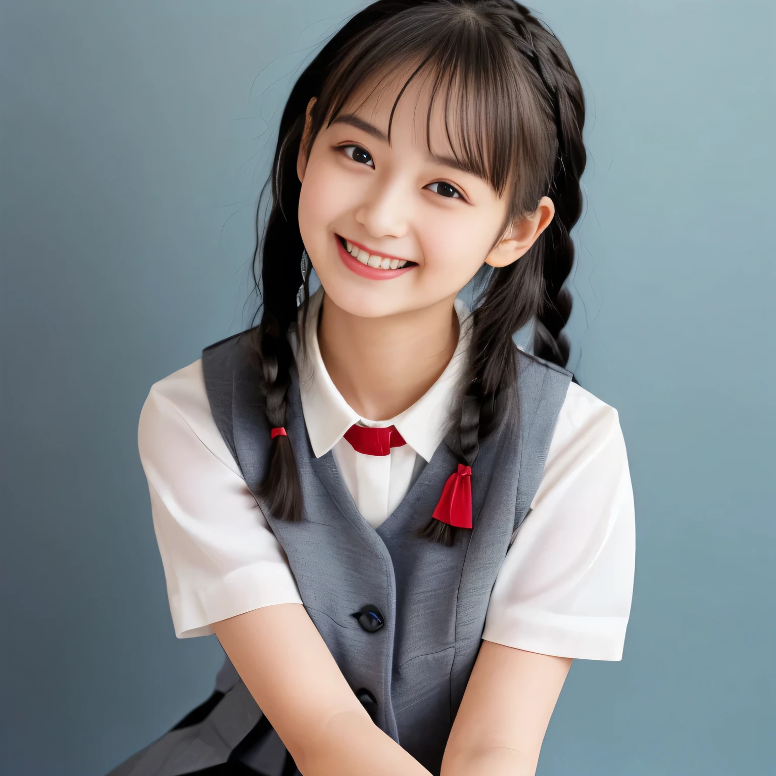 (Highest quality, masterpiece:1.2), Highest quality, High resolution, 1080P, 8k, height: 158cm, (A **** Japanese fashion model is seated, showing her palms, looking at the viewer, showing her cutest smile, using face-whitening cosmetics, prominent cool eyes, opened laughing giggling open mouth, gray-gray-blue school summer uniform with gray-gray-blue vest and widely-boxed-pleats-short-skirt and silk blouse and red breast ribbon pulled by her hands, twin-braids long hair: 1.5), (white thighs and knees: 1.7), (Well-balanced, prominent, Intelligent, drooping, double-eyelids, brown shiny large prominent eyes with detailed: 1.5), (gray-gray-blue school uniform with gray-gray-blue vest and boxed-pleats-skirt, short-sleeves silk blouse, glossy red breast ribbon: 1.5), ((Beautiful well-figured glossy opened lips like fortissimo soprano singer: 1.2)), (mature breast), (Girl whom everyone loves because of her beauty and beautiful eyes and lovely fashion and noble manner), (Very beautiful, glossy, cute neat black hair, twin-braids hair-style: 1.3), (Drives me crazy for her glossy neat hair and Make me fall into love), (plain blue background: 1.6), (Best style like a **** fashion model, mature breast), (((Completely balanced beautiful big big eyes, looking at me))), (eyes, face and hair are especially beautifully detailed and beautifully drawn: 1.5), (Satisfactory best shot by professional famous photographer for school girl's beauty: 1.5), (The soft white light clearly shows her face extremely white: 1.2), (Very soft laughing cheeks, very soft hands pulling the breast ribbon down, People who touch it feel eternal pleasure: 1.2), (**** nicola fashion magazine model: 1.8)