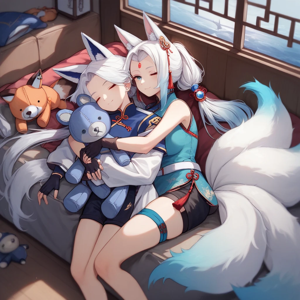 FeixiaoDefault, animal ears, long hair, ponytail, gradient hair, white hair, blue eyes, forehead jewel, ear piercing, tassel hair ornament, tassel earring, blue shirt, chinese clothes, brooch, red tassel, white coat, black gloves, fingerless gloves, white belt, blue waist cape, black shorts, thigh strap,(sleeping on a bed),(midnight),(night cruise ship room),(full room view:1.5),((fox tail)), (((((((nine fox tails:1.5))))))),((hugging a fox plushie )),smiling 