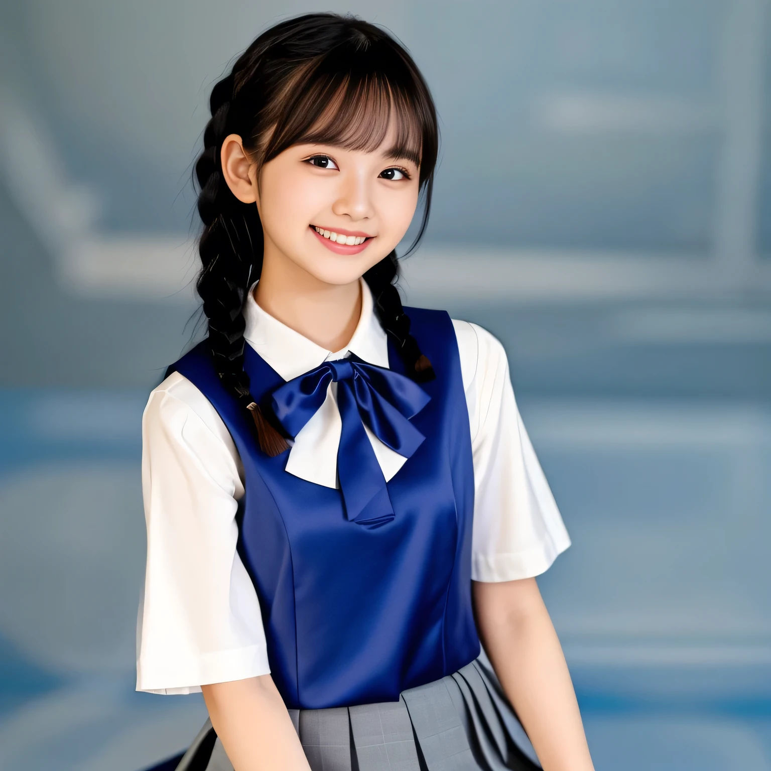 (Highest quality, masterpiece:1.2), Highest quality, High resolution, 1080P, 8k, height: 158cm, (A **** Japanese fashion model is seated, showing her palms, looking at the viewer, showing her cutest smile, using face-whitening cosmetics, prominent cool eyes, opened laughing giggling open mouth, gray-gray-blue school summer uniform with gray-gray-blue vest and widely-boxed-pleats-short-skirt and silk blouse and red breast ribbon pulled by her hands, twin-braids long hair: 1.5), (white thighs and knees: 1.7), (Well-balanced, prominent, Intelligent, drooping, double-eyelids, brown shiny large prominent eyes with detailed: 1.5), (gray-gray-blue school uniform with gray-gray-blue vest and boxed-pleats-skirt, short-sleeves silk blouse, glossy red breast ribbon: 1.5), ((Beautiful well-figured glossy opened lips like fortissimo soprano singer: 1.2)), (mature breast), (Girl whom everyone loves because of her beauty and beautiful eyes and lovely fashion and noble manner), (Very beautiful, glossy, cute neat black hair, twin-braids hair-style: 1.3), (Drives me crazy for her glossy neat hair and Make me fall into love), (plain blue background: 1.6), (Best style like a **** fashion model, mature breast), (((Completely balanced beautiful big big eyes, looking at me))), (eyes, face and hair are especially beautifully detailed and beautifully drawn: 1.5), (Satisfactory best shot by professional famous photographer for school girl's beauty: 1.5), (The soft white light clearly shows her face extremely white: 1.2), (Very soft laughing cheeks, very soft hands pulling the breast ribbon down, People who touch it feel eternal pleasure: 1.2), (**** nicola fashion magazine model: 1.8)