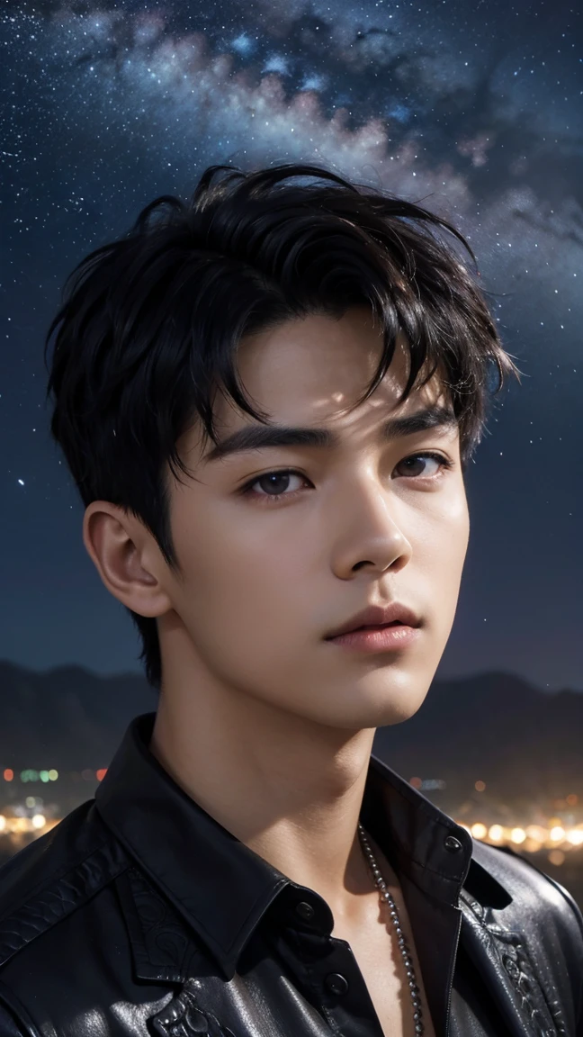 (photorealistic,  masterpiece , 8k HD, Good lighting quality , portrait, facial close-up,  intricate details ),  A handsome young Vietnamese man, 25 years old,  sharp gaze,  Detailed Facial,  meticulous eyes ,  Looking at the sky ,  shirt with a short sleeve jacket on top , necklace, Dark brown eyes, ( dark skin ),  slim,  dark hair, Smooth hair,  Hairstyle bangs, Short hair, Outdoors, dawn, Star, constellation, Cosmic, Dream World,  surrealism, ethereal