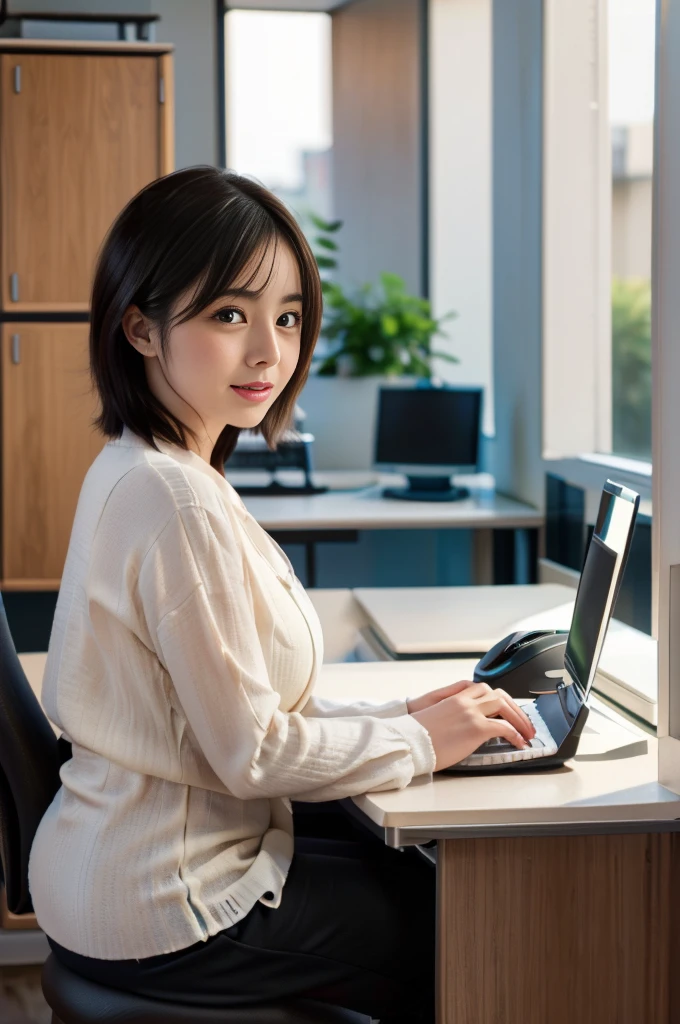 
(8k, RAW photo, photorealistic, HQ, masterpiece), a cute Japanese woman, (glowing eyes), (light smile:0.5), short hair, (business suit, blouse), (sitting on office chair), (typing on a computer keyboard:1.4), (Computer on the desk:1.4), background Large office, Depth of field rally background, backlighting, face light,