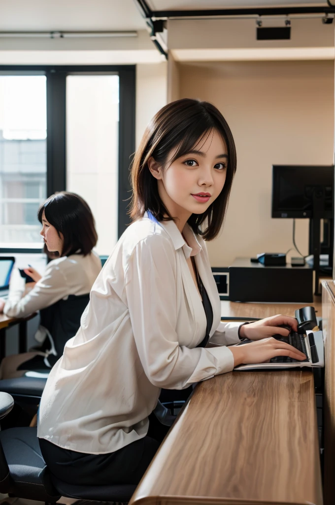 
(8k, RAW photo, photorealistic, HQ, masterpiece), a cute Japanese woman, (glowing eyes), (light smile:0.5), short hair, (business suit, blouse), (sitting on office chair), (typing on a computer keyboard:1.4), (Computer on the desk:1.4), background Large office, Depth of field rally background, backlighting, face light,