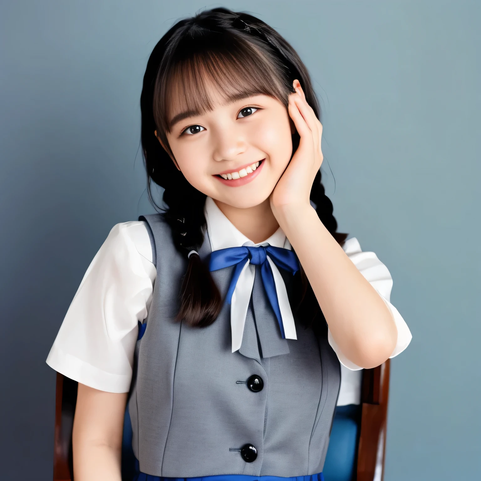 (Highest quality, masterpiece:1.2), Highest quality, High resolution, 1080P, 8k, height: 158cm, (A **** Japanese fashion model is seated, showing her palms, looking at the viewer, showing her cutest smile, using face-whitening cosmetics, prominent cool eyes, opened laughing giggling open mouth, gray-gray-blue school summer uniform with gray-gray-blue vest and widely-boxed-pleats-short-skirt and silk blouse and red breast ribbon pulled by her hands, twin-braids long hair: 1.5), (white thighs and knees: 1.7), (Well-balanced, prominent, Intelligent, drooping, double-eyelids, brown shiny large prominent eyes with detailed: 1.5), (gray-gray-blue school uniform with gray-gray-blue vest and boxed-pleats-skirt, short-sleeves silk blouse, glossy red breast ribbon: 1.5), ((Beautiful well-figured glossy opened lips like fortissimo soprano singer: 1.2)), (mature breast), (Girl whom everyone loves because of her beauty and beautiful eyes and lovely fashion and noble manner), (Very beautiful, glossy, cute neat black hair, twin-braids hair-style: 1.3), (Drives me crazy for her glossy neat hair and Make me fall into love), (plain blue background: 1.6), (Best style like a **** fashion model, mature breast), (((Completely balanced beautiful big big eyes, looking at me))), (eyes, face and hair are especially beautifully detailed and beautifully drawn: 1.5), (Satisfactory best shot by professional famous photographer for school girl's beauty: 1.5), (The soft white light clearly shows her face extremely white: 1.2), (Very soft laughing cheeks, very soft hands pulling the breast ribbon down, People who touch it feel eternal pleasure: 1.2), (**** nicola fashion magazine model: 1.8)