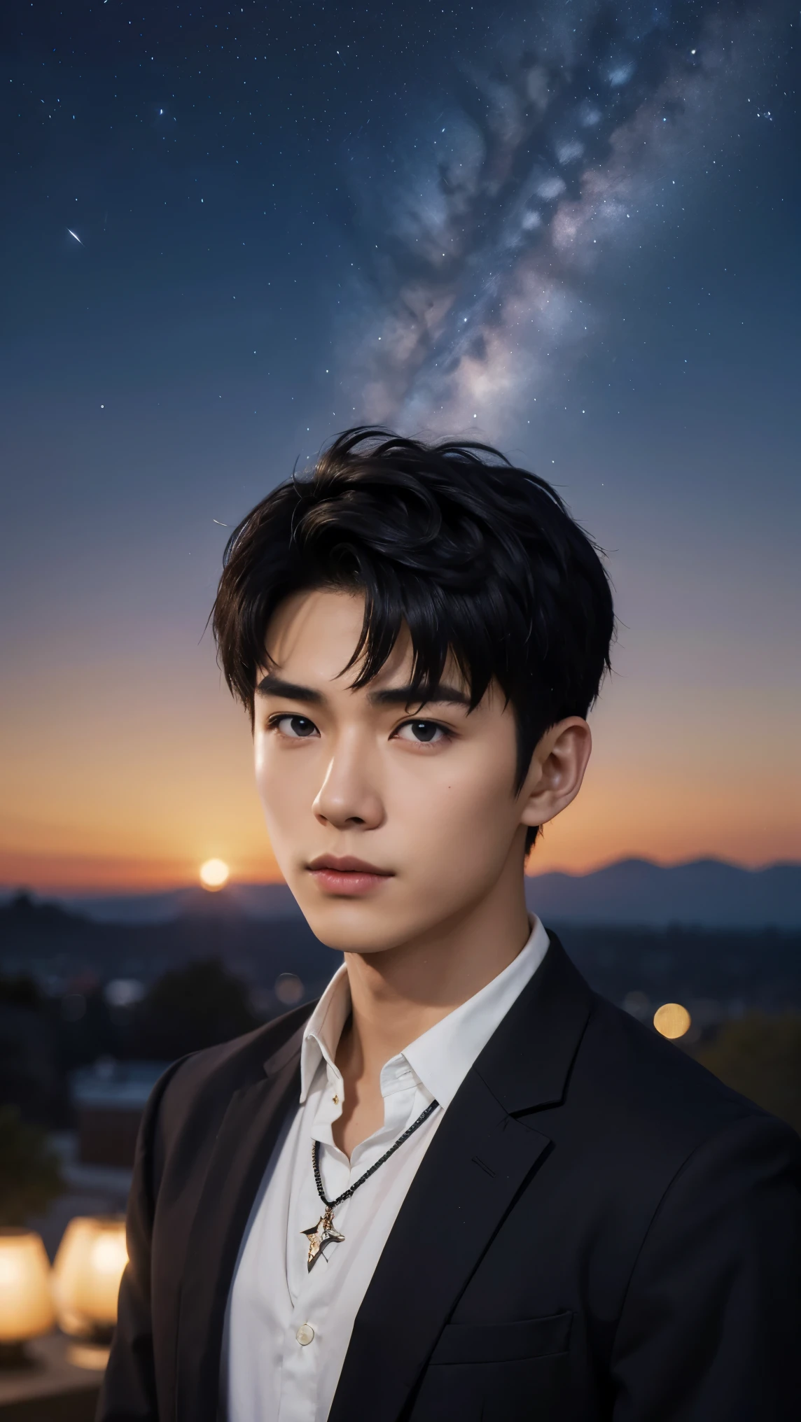 (photorealistic,  masterpiece , 8k HD, Good lighting quality , portrait, facial close-up,  intricate details ),  A handsome young Vietnamese man, 25 years old,  sharp gaze,  Detailed Facial,  meticulous eyes ,  Looking at the sky ,  shirt with a short sleeve jacket on top , necklace, Dark brown eyes, ( dark skin ),  slim,  dark hair, Smooth hair,  Hairstyle bangs, Short hair, Outdoors, dawn, Star, constellation, Cosmic, Dream World,  surrealism, ethereal