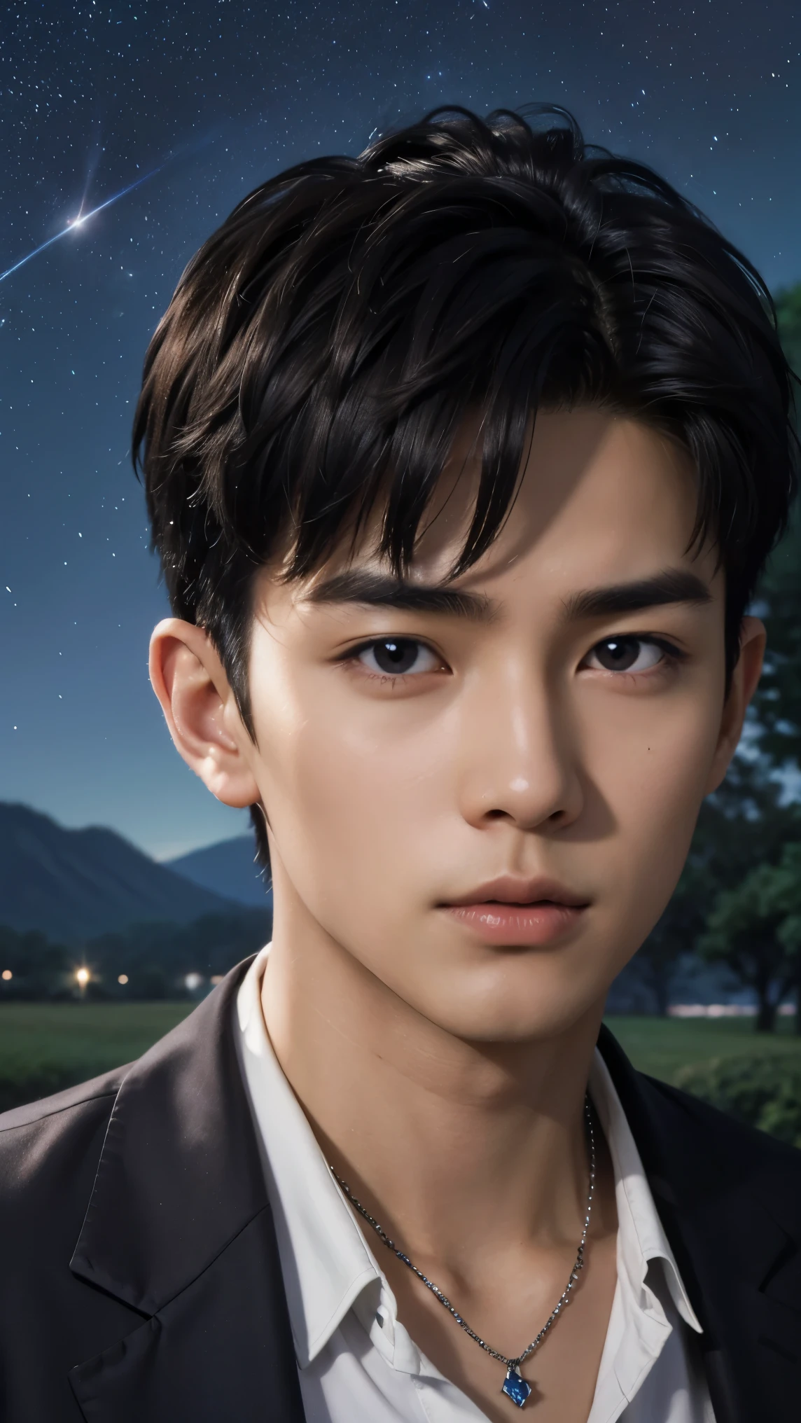 (photorealistic,  masterpiece , 8k HD, Good lighting quality , portrait, facial close-up,  intricate details ),  A handsome young Vietnamese man, 25 years old,  sharp gaze,  Detailed Facial,  meticulous eyes ,  Looking at the sky ,  shirt with a short sleeve jacket on top , necklace, Dark brown eyes, ( dark skin ),  slim,  dark hair, Smooth hair,  Hairstyle bangs, Short hair, Outdoors, dawn, Star, constellation, Cosmic, Dream World,  surrealism, ethereal