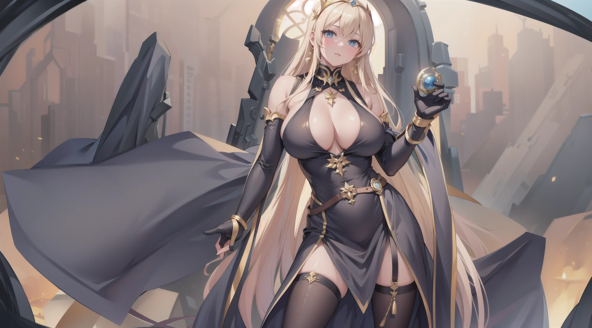 masterpiece, best quality, extremely detailed, anime art style, 1girl, mature femlae, solo, serval landau, ((huge breasts)), ((blonde hair, streaked hair, multicolored hair, long hair, blue eyes)), parted lips, (((curtains, bodystocking, black gloves))), light smile, (closed mouth), ((sitting on the rooftop, futuristic cityscape))