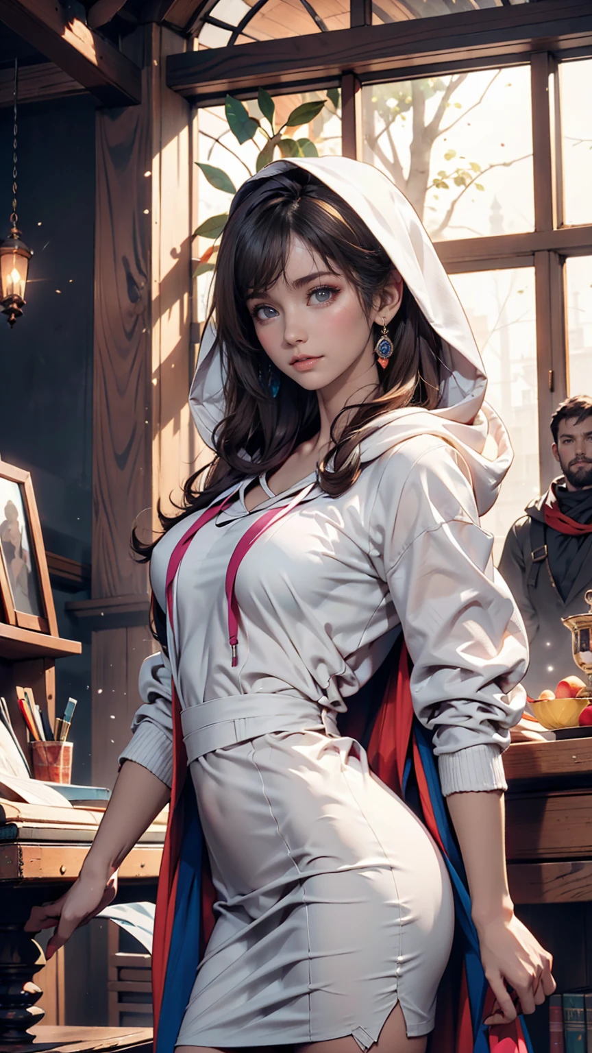  wearing a hoodie and a medieval dress 、 The illustration of Lily Collins with her dark hair in a circle is detailed, Soft and bright, HD art by Greg Hildebrandt , Liu Shitmer ,  Sezik Stepan , Sanyang, Aikut Aidgudu, Justin Gerard, Alphonse Mucha,  art gel ,  WLOP and Greg Rutkovsky 