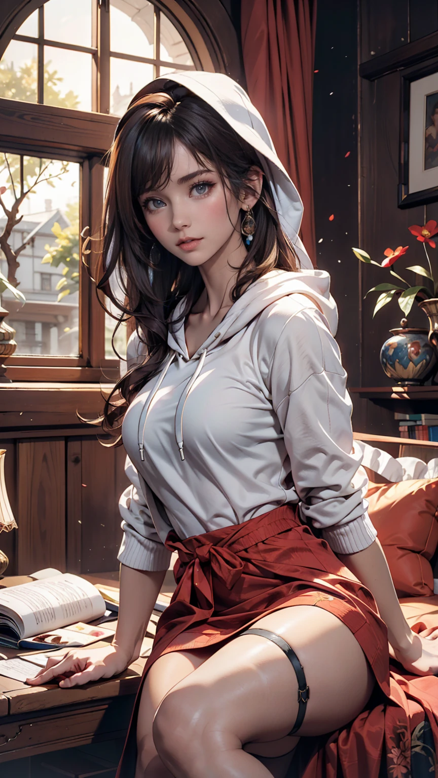  wearing a hoodie and a medieval dress 、 The illustration of Lily Collins with her dark hair in a circle is detailed, Soft and bright, HD art by Greg Hildebrandt , Liu Shitmer ,  Sezik Stepan , Sanyang, Aikut Aidgudu, Justin Gerard, Alphonse Mucha,  art gel ,  WLOP and Greg Rutkovsky 