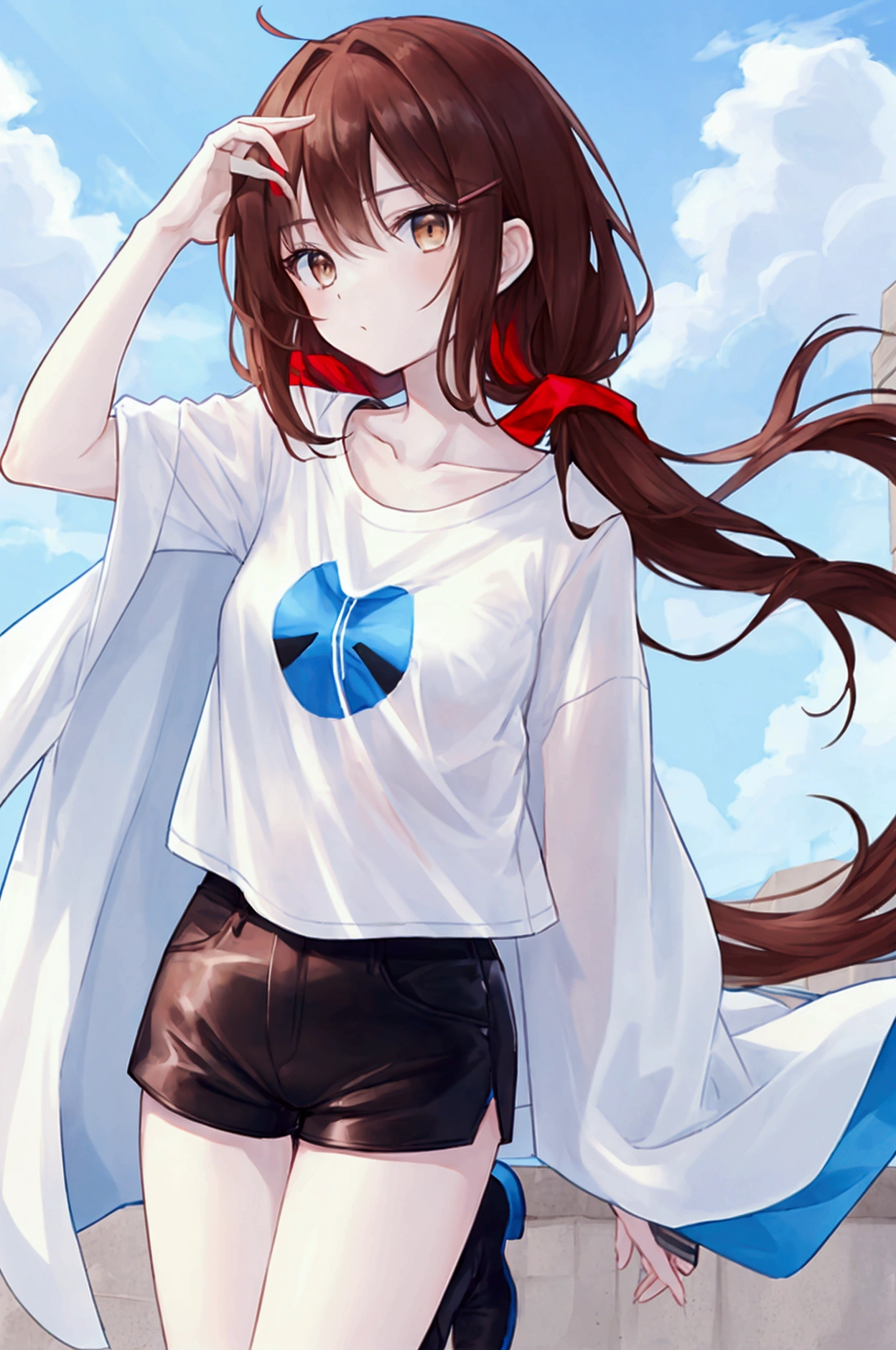 whole body,Cool beautiful girl, Slim Body 、 SOFT WHITE COAT,Sky Blue T-Shirt、 black hotpants,Leather boots、Cool Summer,Slightly pale skin,Bright brown eyes,Red brown hair color(Semi-D), hairpin
