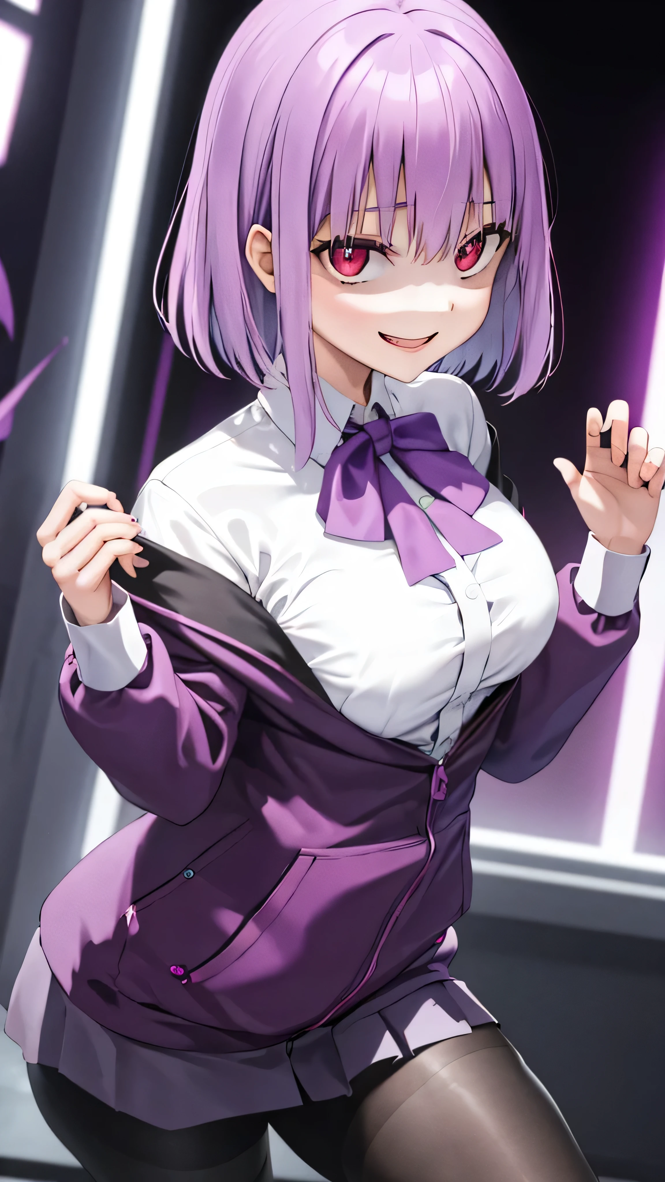 masterpiece, Best Quality,  Kampala, Shinjo Akane, One Girl, Alone, pantyhose, shirt, bow,  purple  jacket,  jacket, white shirt,  Long Sleeve , short hair,, collared shirt, , Open clothes, bowtie, purple bow, Chest, bangs, Red eyes, Off the shoulder, open  jacket,  sleeve is longer than the wrist,  light purple hair , purple bowtie, ,   cowboy shot,Too evil, Overlooking the Audience ,,,Dark shadowed face,Smiling Face,Big Monster ,Dark purple background,Two Hands,Five fingers,Evil Darkness,Sadistic smile,black ink swirl,disturbig purple light 